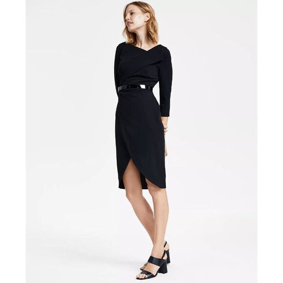 Calvin Klein Women's Belted Sleeveless Faux-Wrap Sheath Dress - Black 4 - Picture 7 of 8